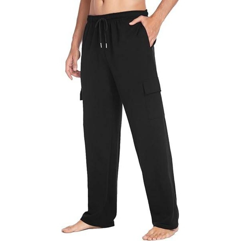 Mens Black Cargo Lounge Pants Elastic Waist Drawstring Athletic Joggers Regular